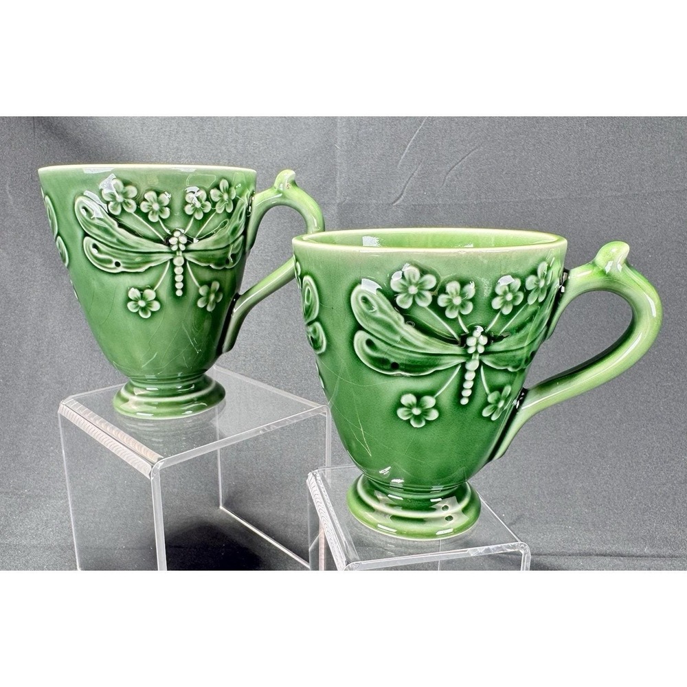 Bordallo‎ Pinheiro Green Dragonfly Lot of 2 Ceramic Mug Floral Display Only